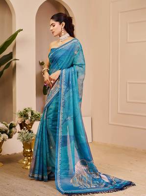 turquoise blue shimmer handloom cotton blend saree abstract floral print (sfshmr3) 3