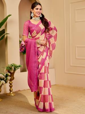 pink beige shimmer handloom cotton blend saree check box print (sfshmr8) 2