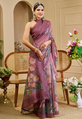mauve purple shimmer handloom cotton blend saree floral print (sfshmr48) 3