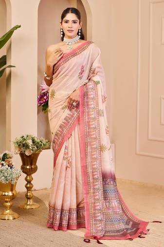 cream shimmer handloom cotton blend digital print saree