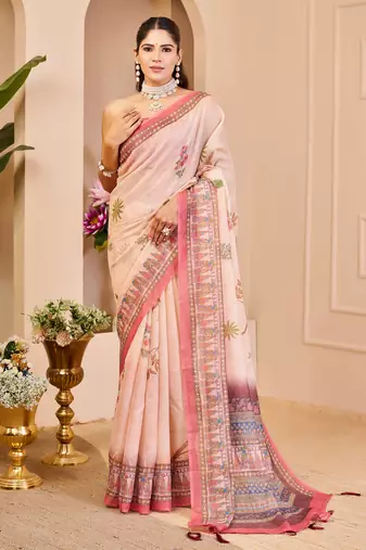 cream shimmer handloom cotton blend digital print saree