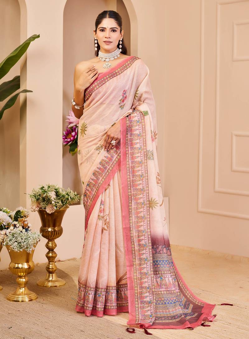 cream shimmer handloom cotton blend digital print saree (sfshmr46)