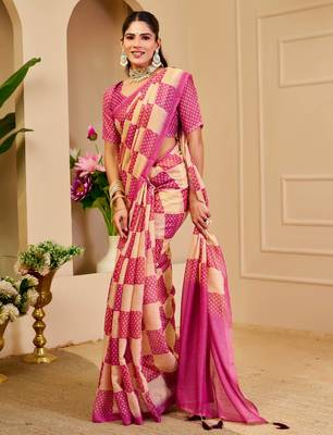 pink beige shimmer handloom cotton blend saree check box print (sfshmr8) 3