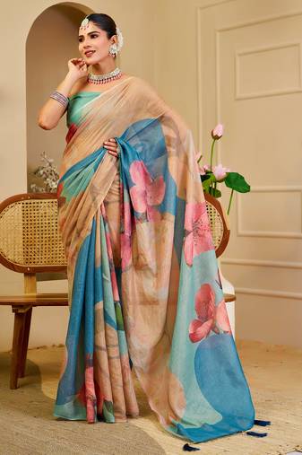 beige blue shimmer handloom cotton blend digital print saree