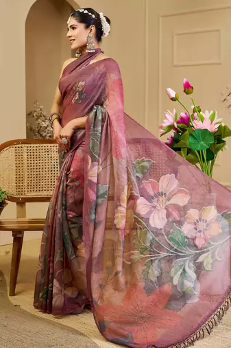 mauve purple shimmer handloom cotton blend saree floral print