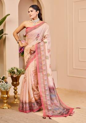 cream shimmer handloom cotton blend digital print saree (sfshmr46) 2