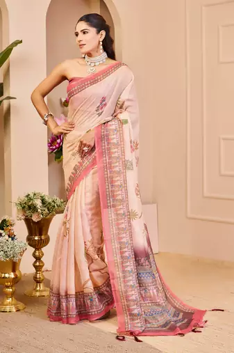 cream shimmer handloom cotton blend digital print saree