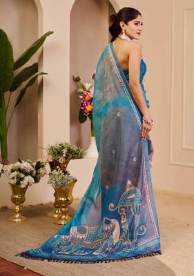 turquoise blue shimmer handloom cotton blend saree abstract floral print (sfshmr3) 5