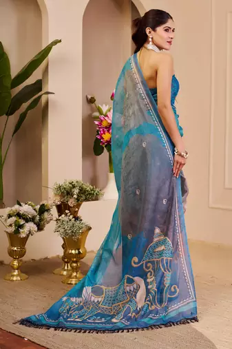turquoise blue shimmer handloom cotton blend saree abstract floral print