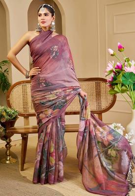mauve purple shimmer handloom cotton blend saree floral print (sfshmr48) 5