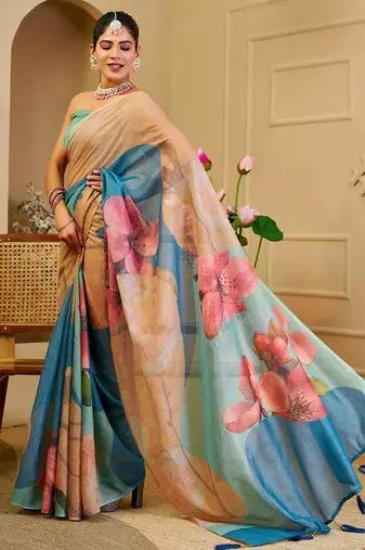 beige blue shimmer handloom cotton blend digital print saree