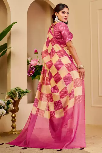 pink beige shimmer handloom cotton blend saree check box print