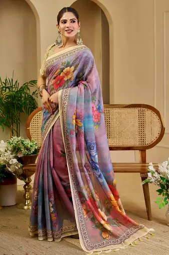 purple pink shimmer handloom cotton blend saree floral print