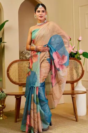 beige blue shimmer handloom cotton blend digital print saree