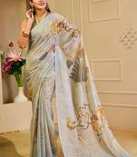 green mustard shimmer handloom cotton blend saree floral print (sfshmr43)