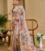 grey shimmer handloom cotton blend digital print saree (sfshmr42)
