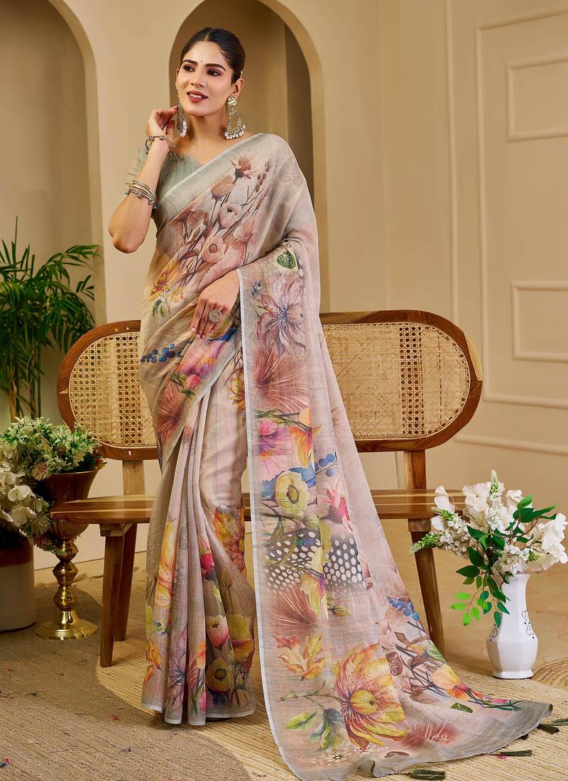 grey shimmer handloom cotton blend digital print saree (sfshmr42)