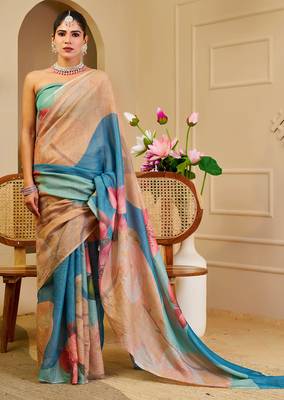 beige blue shimmer handloom cotton blend digital print saree (sfshmr45) 4