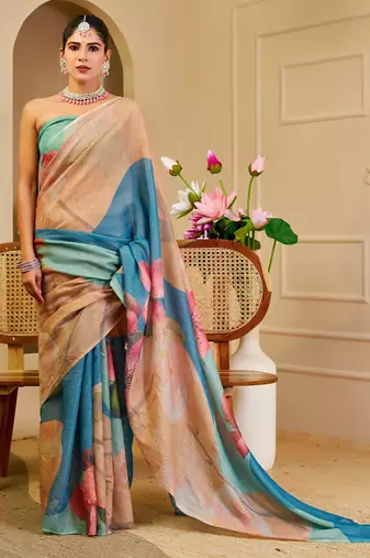 beige blue shimmer handloom cotton blend digital print saree