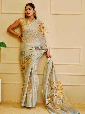 green mustard shimmer handloom cotton blend saree floral print (sfshmr43) 2