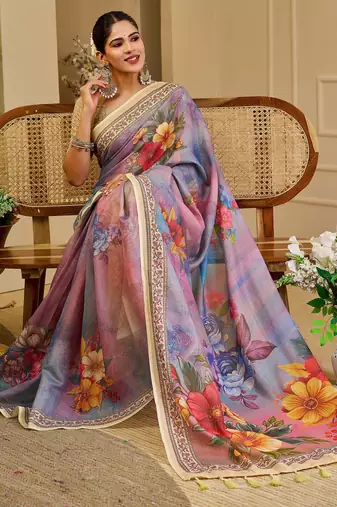 purple pink shimmer handloom cotton blend saree floral print
