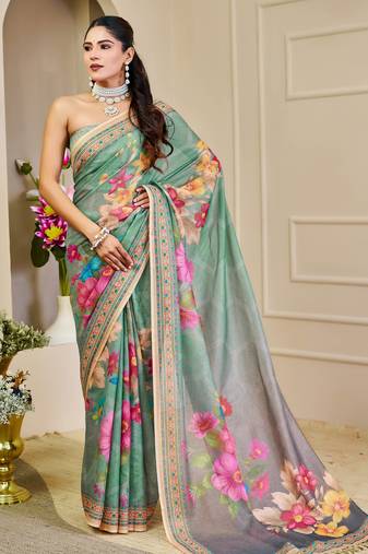 sea green pink shimmer handloom cotton blend digital print saree