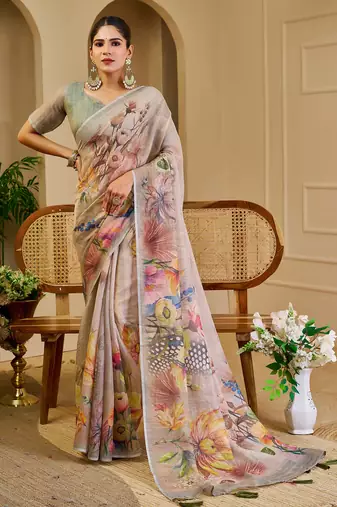 grey shimmer handloom cotton blend digital print saree