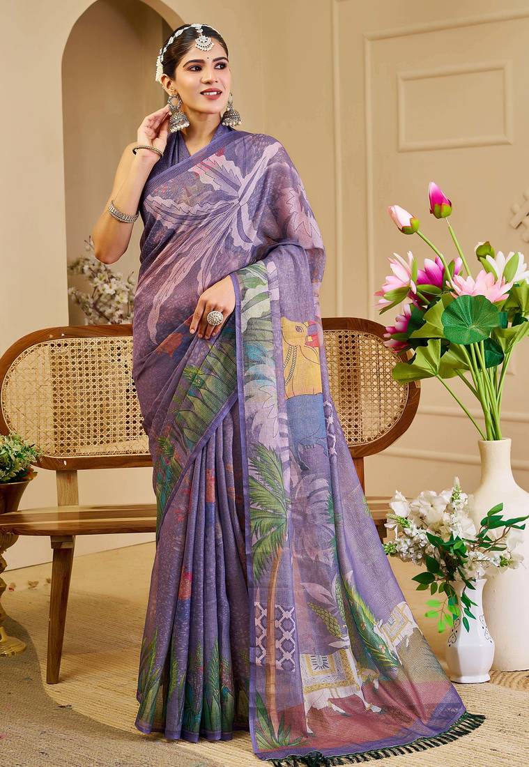 purple shimmer handloom cotton blend digital print saree (sfshmr41)