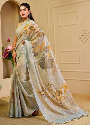 green mustard shimmer handloom cotton blend saree floral print (sfshmr43) 3