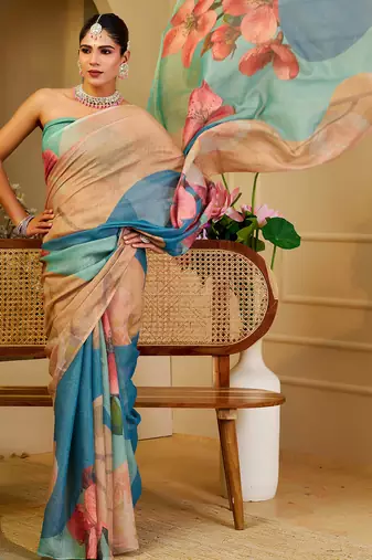 beige blue shimmer handloom cotton blend digital print saree