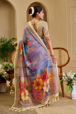 purple pink shimmer handloom cotton blend saree floral print (sfshmr44) 5