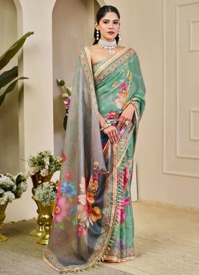 sea green pink shimmer handloom cotton blend digital print saree (sfshmr47) 2