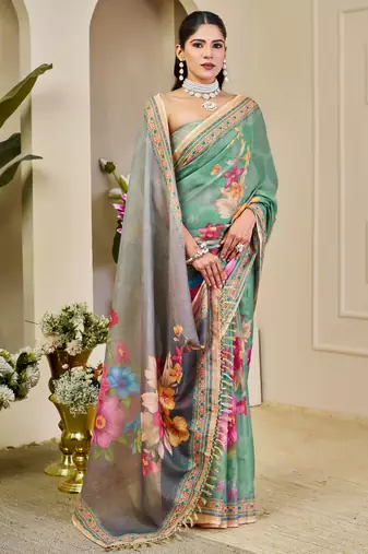 sea green pink shimmer handloom cotton blend digital print saree