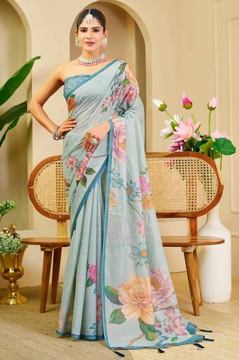 sea green shimmer handloom cotton blend saree with floral print