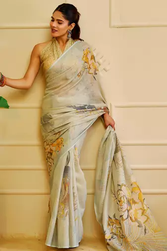 green mustard shimmer handloom cotton blend saree floral print