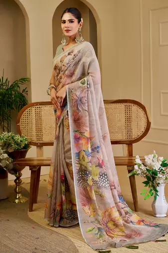 grey shimmer handloom cotton blend digital print saree