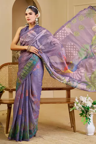 purple shimmer handloom cotton blend digital print saree