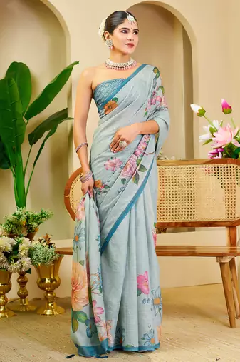 sea green shimmer handloom cotton blend saree with floral print (sfshmr39)