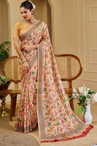 beige pink shimmer handloom cotton blend saree with floral print