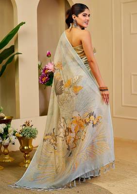 green mustard shimmer handloom cotton blend saree floral print (sfshmr43) 5
