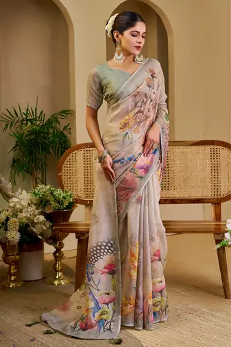grey shimmer handloom cotton blend digital print saree