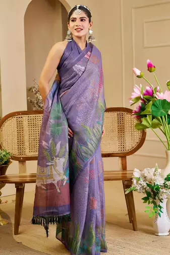 purple shimmer handloom cotton blend digital print saree