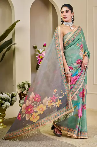 sea green pink shimmer handloom cotton blend digital print saree
