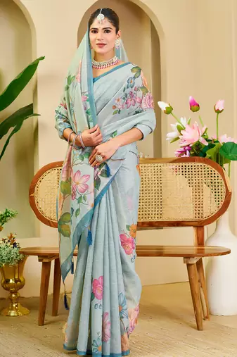 sea green shimmer handloom cotton blend saree with floral print (sfshmr39)