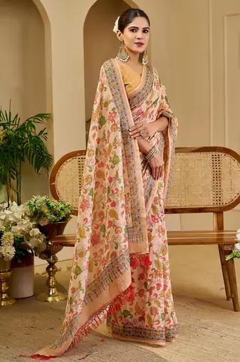 beige pink shimmer handloom cotton blend saree with floral print