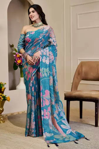 teal shimmer handloom cotton blend saree floral print