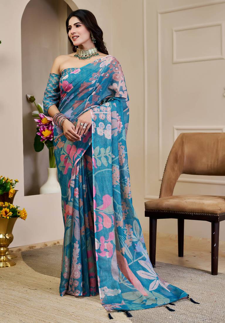 teal shimmer handloom cotton blend saree floral print (sfshmr38)