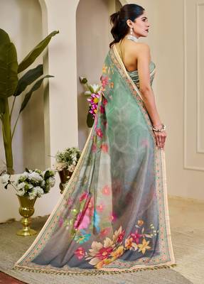 sea green pink shimmer handloom cotton blend digital print saree (sfshmr47) 5
