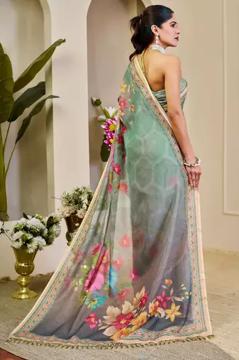 sea green pink shimmer handloom cotton blend digital print saree