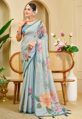 sea green shimmer handloom cotton blend saree with floral print (sfshmr39) 4